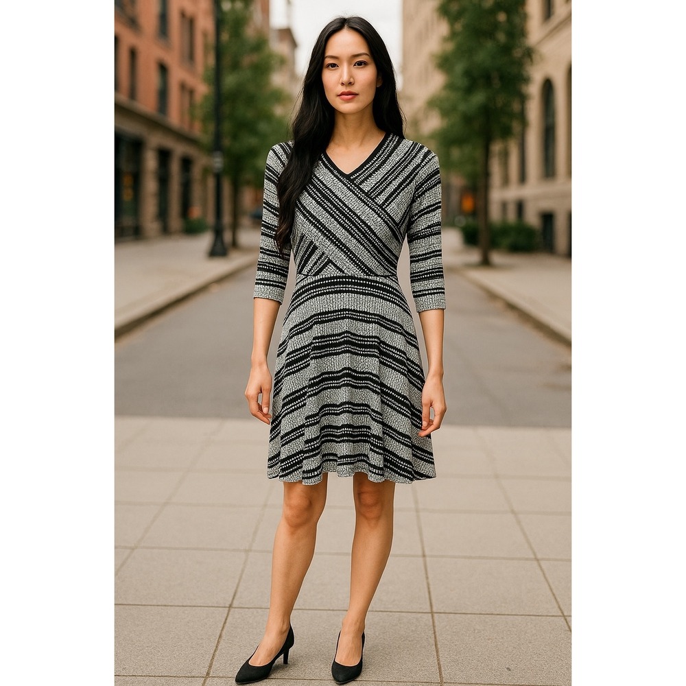 BCBGMAXAZRIA Women's S‎ Black & Gray Dotted Geo Knit Fit & Flare Dress-Casual